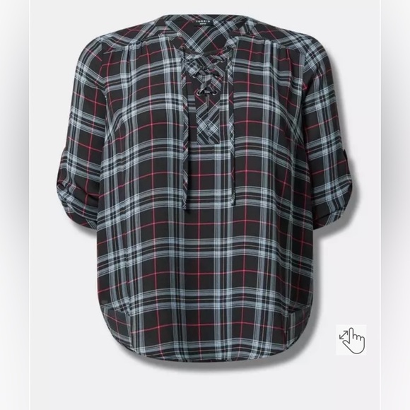 Torrid Black and Pink Plaid Lace-Up Sheer Blouse - Picture 8 of 11